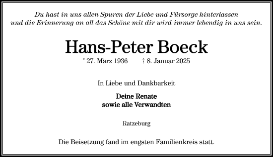 Traueranzeige von Hans-Peter Boeck von MARKT Ratzeburg/Mölln
