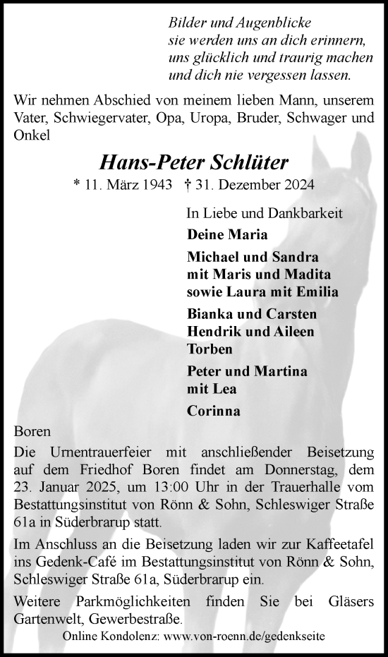 Traueranzeige von Hans-Peter Schlüter von Schleswiger Nachrichten, Schlei-Bote