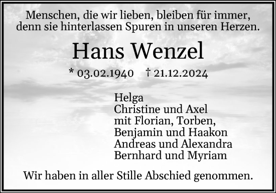 Traueranzeige von Hans Wenzel von Region Pinneberg und tip Pinneberg