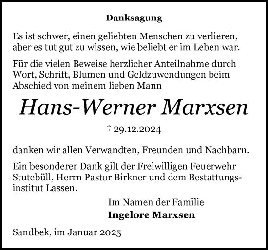 Traueranzeige von Hans-Werner Marxsen von Schleswiger Nachrichten, Schlei-Bote