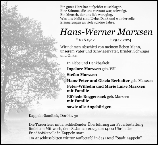 Traueranzeige von Hans-Werner Marxsen von Schleswiger Nachrichten, Schlei-Bote