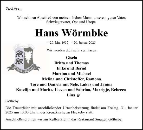 Traueranzeige von Hans Wörmbke von Eckernförder Zeitung, Hallo Eckernförde