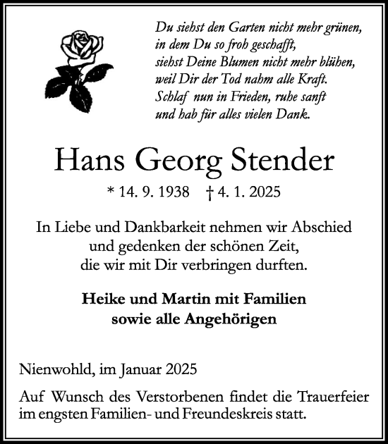 Traueranzeige von Hans Georg Stender von MARKT Ahrensburg/Bargteheide/Trittau und Stormarner Tageblatt