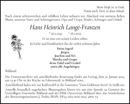 Traueranzeige von Hans Heinrich Lange-Franzen von Schleswiger Nachrichten, Schlei-Bote