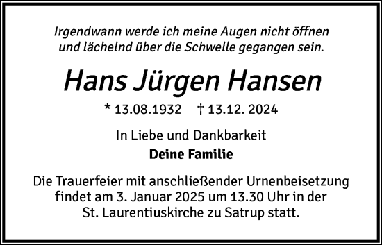 Traueranzeige von Hans Jürgen Hansen von Flensburger Tageblatt