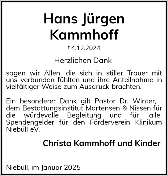 Traueranzeige von Hans Jürgen Kammhoff von Husumer Nachrichten, Nordfriesland Tageblatt