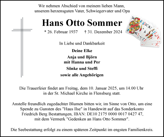 Traueranzeige von Hans Otto Sommer von Flensburger Tageblatt