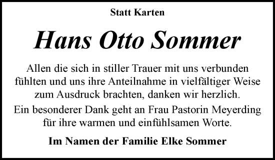 Traueranzeige von Hans Otto Sommer von Flensburger Tageblatt