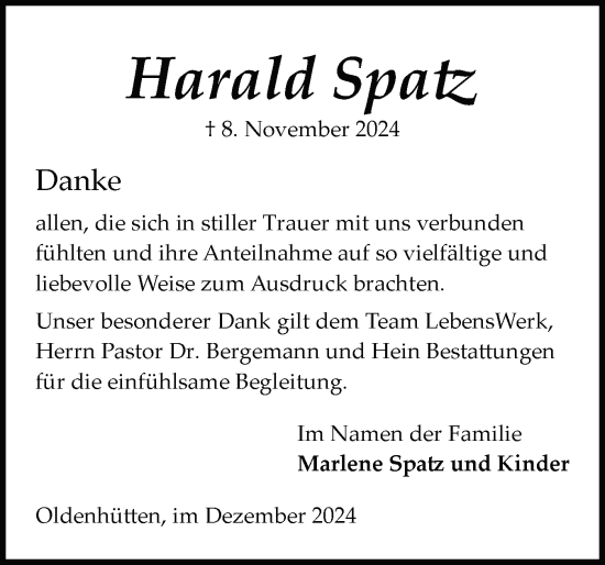 Traueranzeige von Harald Spatz von Schleswig-Holsteinische Landeszeitung