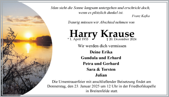 Traueranzeige von Harry Krause von MARKT Ratzeburg/Mölln