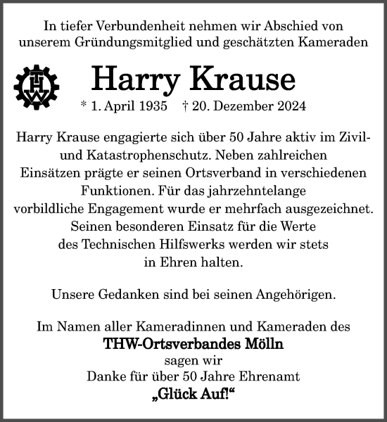 Traueranzeige von Harry Krause von MARKT Ratzeburg/Mölln