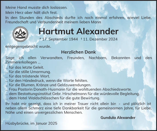 Traueranzeige von Hartmut Alexander von Schleswiger Nachrichten, Schlei-Bote
