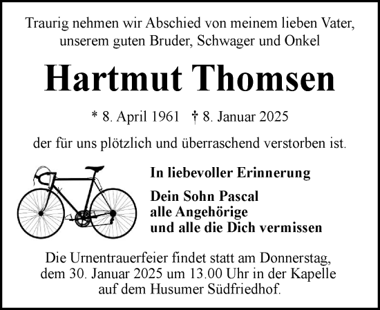 Traueranzeige von Hartmut Thomsen von Die WochenSchau Nordfriesland