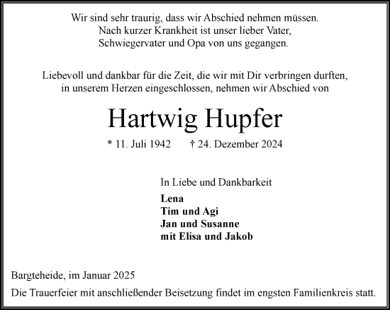 Traueranzeige von Hartwig Hupfer von MARKT Ahrensburg/Bargteheide/Trittau und Stormarner Tageblatt