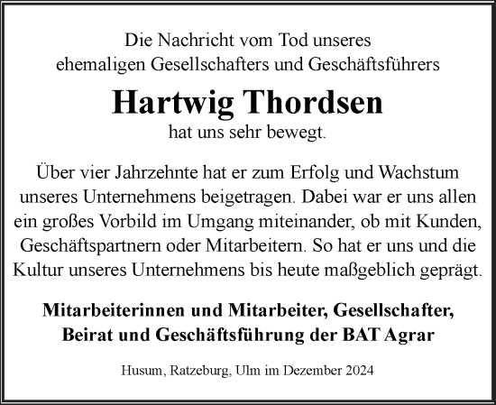 Traueranzeige von Hartwig Thordsen von Region Flensburg