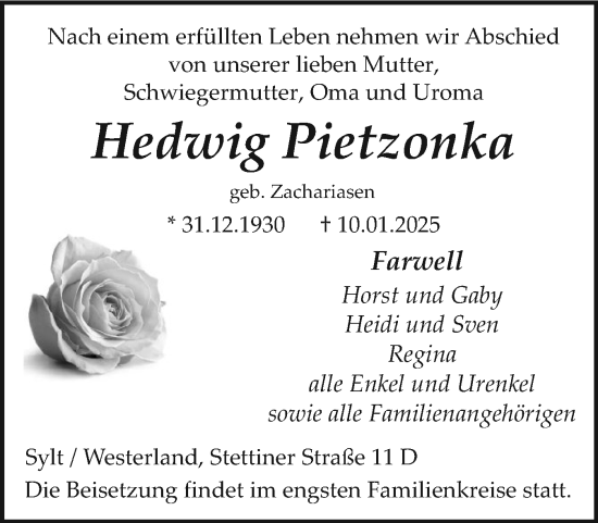 Traueranzeige von Hedwig Pietzonka von Sylter Rundschau