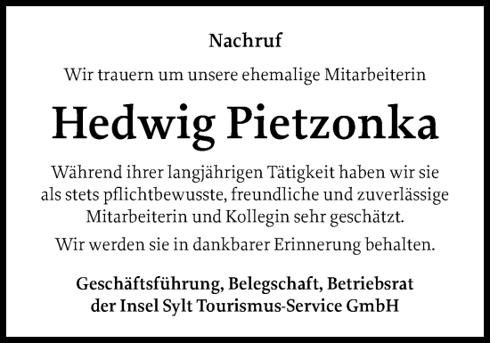 Traueranzeige von Hedwig Pietzonka von Sylter Rundschau