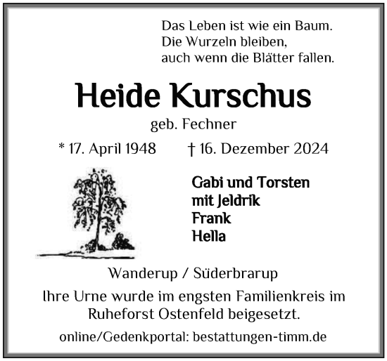 Traueranzeige von Heide Kurschus von Schleswiger Nachrichten, Schlei-Bote