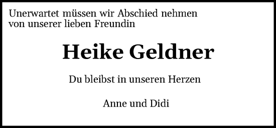 Traueranzeige von Heike Geldner von Schleswiger Nachrichten, Schlei-Bote