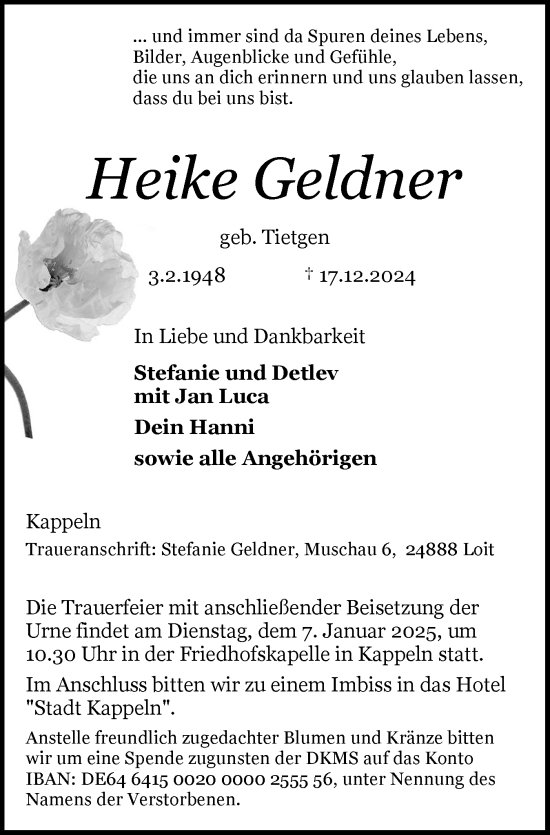 Traueranzeige von Heike Geldner von Schleswiger Nachrichten, Schlei-Bote
