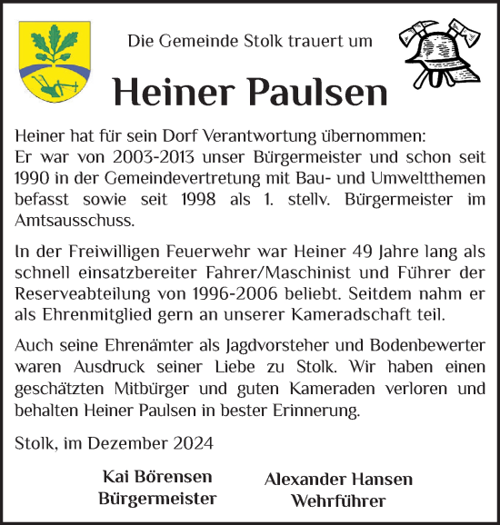 Traueranzeige von Heiner Paulsen von Schleswiger Nachrichten, Schlei-Bote