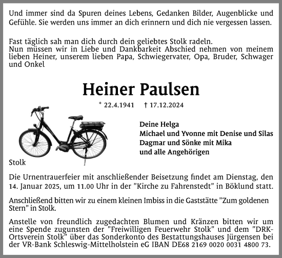 Traueranzeige von Heiner Paulsen von Schleswiger Nachrichten, Schlei-Bote