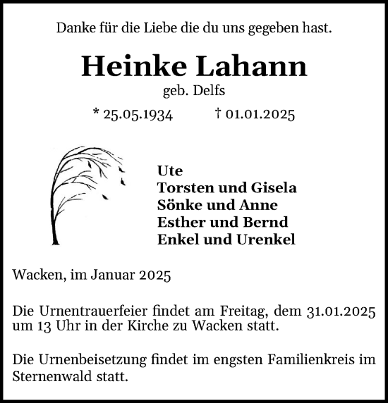 Traueranzeige von Heinke Lahann von Norddeutsche Rundschau, Wilstersche Zeitung, Glückstädter Fortuna