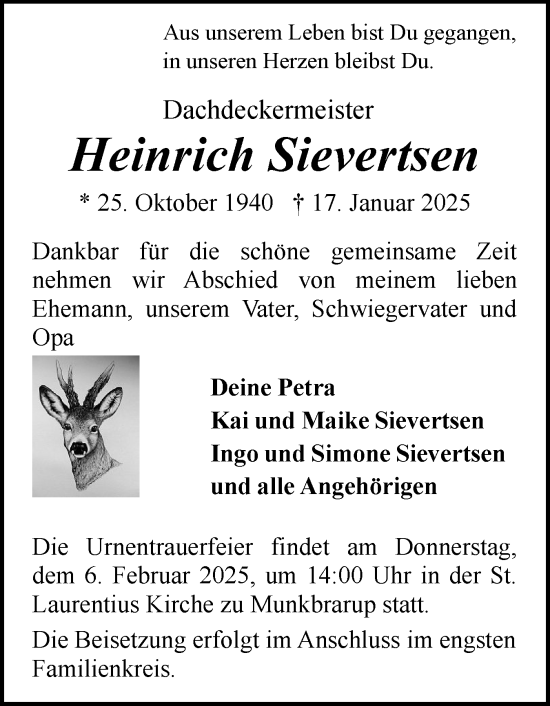 Traueranzeige von Heinrich Sievertsen von Flensburger Tageblatt