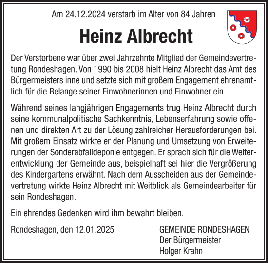 Traueranzeige von Heinz Albrecht von MARKT Ratzeburg/Mölln