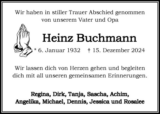 Traueranzeige von Heinz Buchmann von MARKT Ratzeburg/Mölln