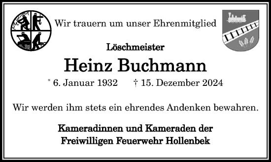 Traueranzeige von Heinz Buchmann von MARKT Ratzeburg/Mölln