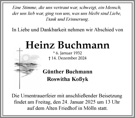 Traueranzeige von Heinz Buchmann von MARKT Ratzeburg/Mölln