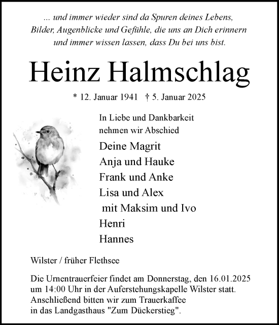 Traueranzeige von Heinz Halmschlag von Norddeutsche Rundschau, Wilstersche Zeitung, Glückstädter Fortuna