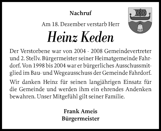 Traueranzeige von Heinz Keden von Schleswiger Nachrichten, Schlei-Bote