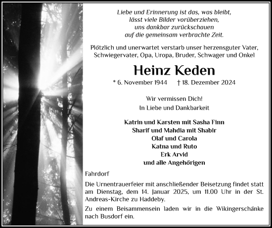 Traueranzeige von Heinz Keden von Schleswiger Nachrichten, Schlei-Bote