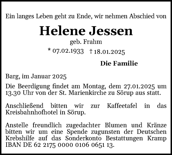 Traueranzeige von Helene Jessen von Flensburger Tageblatt