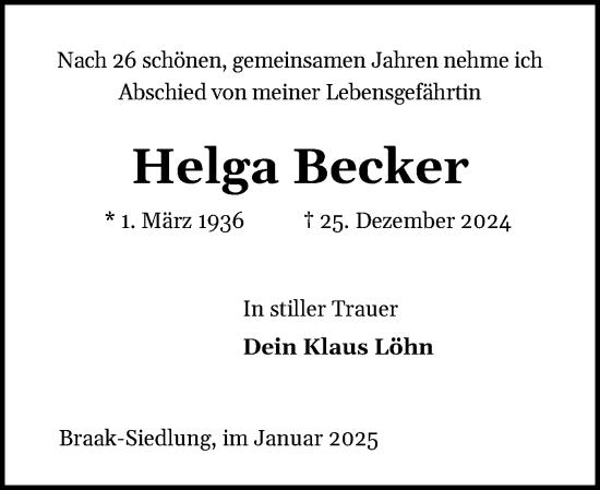 Traueranzeige von Helga Becker von Holsteinischer Courier