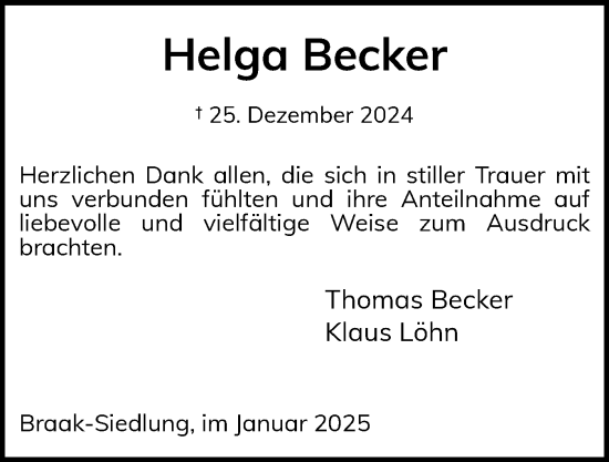 Traueranzeige von Helga Becker von Holsteinischer Courier