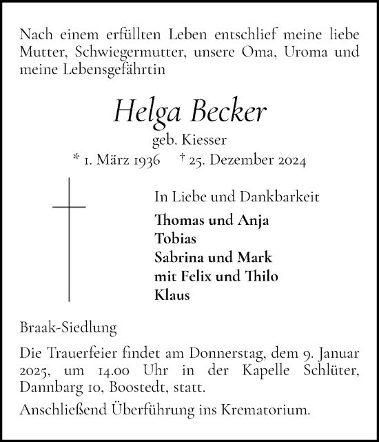 Traueranzeige von Helga Becker von Holsteinischer Courier