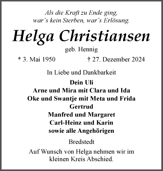 Traueranzeige von Helga Christiansen von Husumer Nachrichten, Nordfriesland Tageblatt