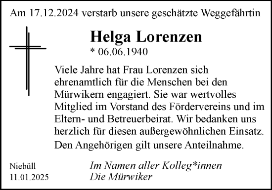 Traueranzeige von Helga Lorenzen von Husumer Nachrichten, Nordfriesland Tageblatt