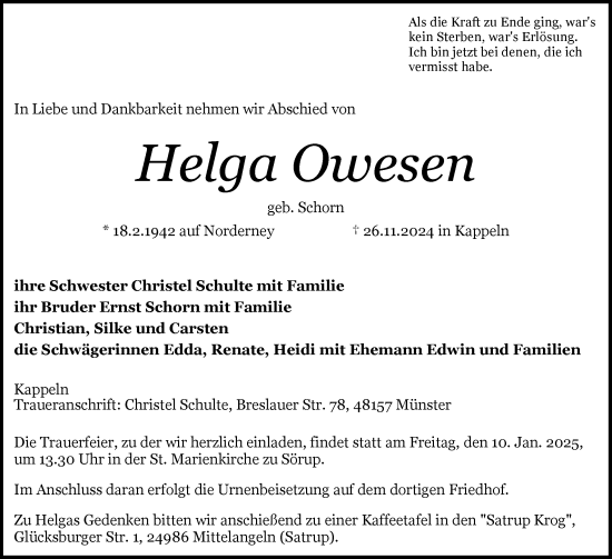Traueranzeige von Helga Owesen von Schleswiger Nachrichten, Schlei-Bote