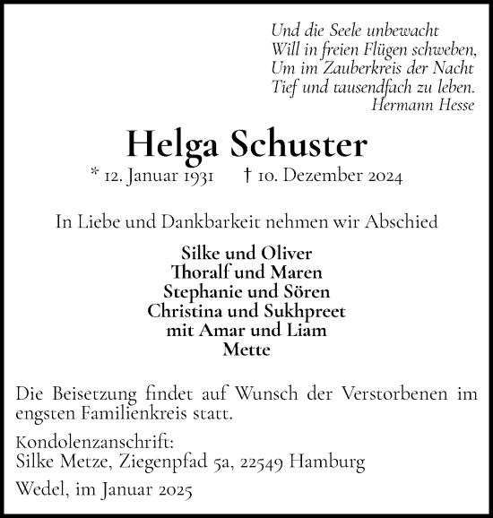 Traueranzeige von Helga Schuster von Wedel-Schulauer Tageblatt, tip Wedel-Schulauer Tageblatt, tip Rissener Rundschau