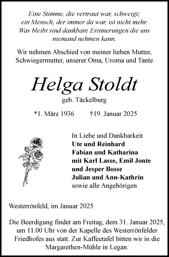 Traueranzeige von Helga Stoldt von Schleswig-Holsteinische Landeszeitung