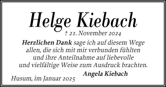 Traueranzeige von Helge Kiebach von Husumer Nachrichten, Nordfriesland Tageblatt