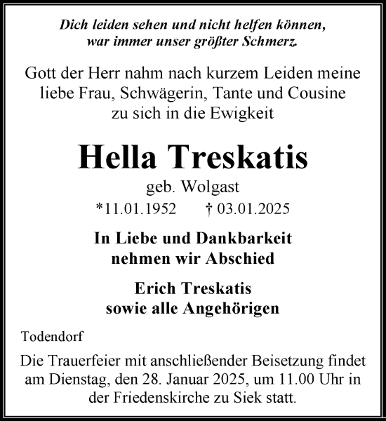 Traueranzeige von Hella Treskatis von MARKT Ahrensburg/Bargteheide/Trittau und Stormarner Tageblatt