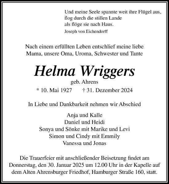 Traueranzeige von Helma Wriggers von MARKT Ahrensburg/Bargteheide/Trittau und Stormarner Tageblatt