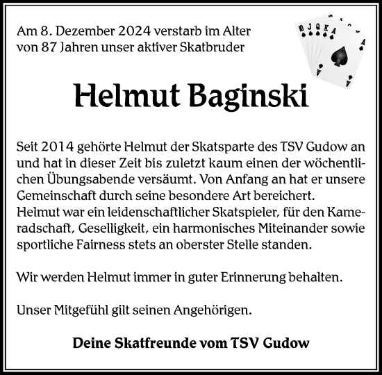 Traueranzeige von Helmut Baginski von MARKT Ratzeburg/Mölln