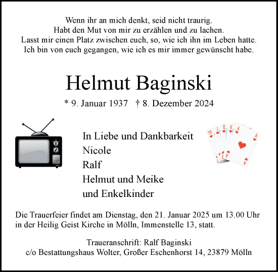 Traueranzeige von Helmut Baginski von MARKT Ratzeburg/Mölln