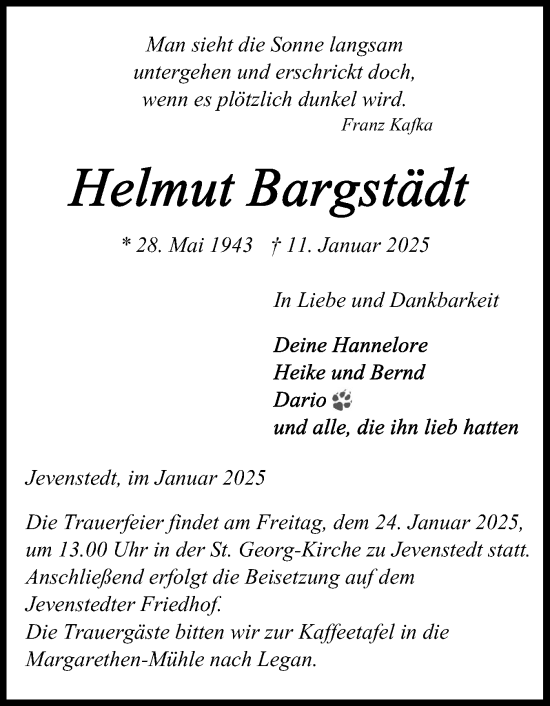 Traueranzeige von Helmut Bargstädt von Schleswig-Holsteinische Landeszeitung